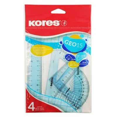 Abbildung von Kores Geo15: 4 teilges Mathematik Set für Schüler, Kunststoff Geometrie mit Lineal, Winkelmesser und Zeichendreieck, Schulbedarf, in Sortierten Farben