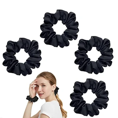 Abbildung von Ikadiya Haargummi[4 Stück], Haare Ringe, Haargummis Elastische Haarbänder Pferdeschwanz, Scrunchies Satin, für Damen und Mädchen(Schwarz)