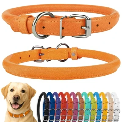 Abbildung von CollarDirect Rundes Leder Hundehalsband, weich gepolstert gerollt, handgefertigtes Echtleder Halsband für Hund Welpe Katze Klein Groß Schwarz Rosa Rot Lila Blau