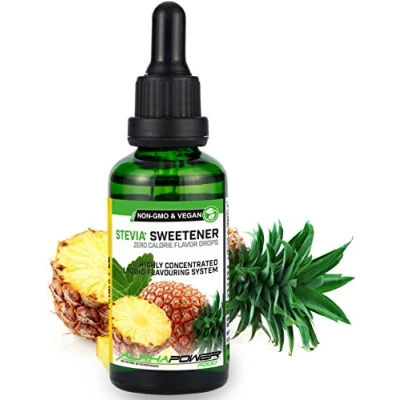 Abbildung von ALPHAPOWER FOOD Stevia, zuckerfreie flavour Drops ANANAS 100% natürliches liquid Aroma + Zuckerersatz für Wasser, Müsli, Süßspeisen, Smoothies