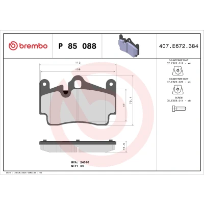 Abbildung von BREMBO P 85 088 Bremsbelagsatz für Verschleißwarnanzeiger vorbereitet mit Anti Quietsch Blech Ausgleichsgewichten, ohne Zubehör AUDI: Q7