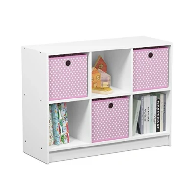 Abbildung von Furinno Basic Bücherregal mit 6 Fächern und 3 Einschüben, holz, Weiß/Rosa, 30.23 x 59.94 cm