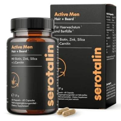 Abbildung von serotalin® ACTIVE HAIR Haar Vitamine für Männer Biotin hochdosiert Zink, Selen, Niacin, L Carnitin, Silica &amp; Vitamin C Haare, Haut Nägel 100% vegan made in Germany 60 Kapseln