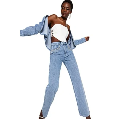 Abbildung von TRENDYOL Damen Gerade Weites Bein Hohe Taille Jeans, Blau, 32