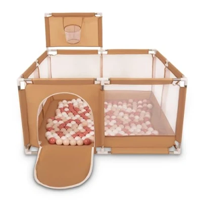 Abbildung von Selonis Laufstall Mit Korb Und 200 Bälle Laufgitter Für Kinder, Beige:Pastellbeige/Lachsfarben/Weiß