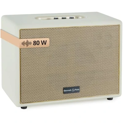 Abbildung von Bennett &amp; Ross BB 880CW Blackmore Giant Retro Bluetooth Lautsprecher in Lederoptik TWS Funktion Vintage Speaker mit 2X 40W Leistung USB Eingang MP3 Player Aux Anschluss Creme Weiß