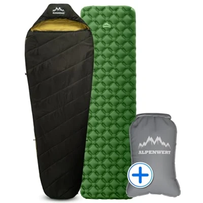 Abbildung von ALPENWERT® Outdoor Schlaf Set Schlafsack + Isomatte Ultraleicht Pumpsack 7,5L Aufblasbare Luftmatratze Kompressionssack für Camping, Wandern &amp; Trekking Kompakt Robust