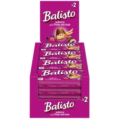Abbildung von Balisto Riegel Yoberry 4x 20x27g Keks mit Vollkorn und einer Crème Waldbeerengeschmack, umhüllt von Milchschokolade Schokoriegel Snack Schokolade