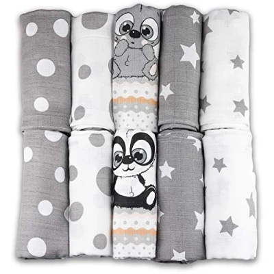 Abbildung von FENSILO Mullwindeln Mulltücher 10er Pack 70x80 cm Stoffwindeln, MADE IN EU schadstoffgeprüft Spucktücher für Jungen und Mädchen Baby grau weiß