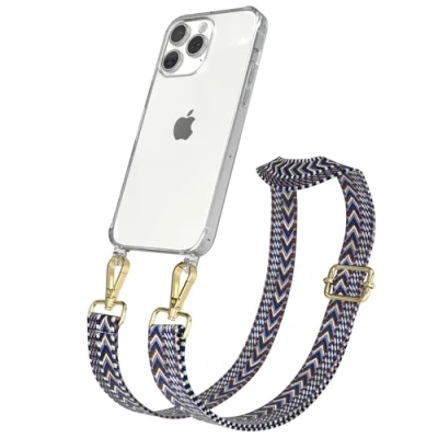 Abbildung von EAZY CASE Handykette mit verstellbarem Trageriemen für iPhone 15 Pro Max Taschengurt zum Wechseln transparenter Handyhülle Hülle dünner Schulterriemen in Blau Weiß Gold