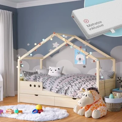 Abbildung von Bellabino Bela Hausbett 90x200 cm für Kinder mit großer Schublade, Kinderbett Rausfallschutz, Kleinkinderbett und Jugendbett in Natur unbehandelt aus Massivholz inkl. Lattenrost Matratze