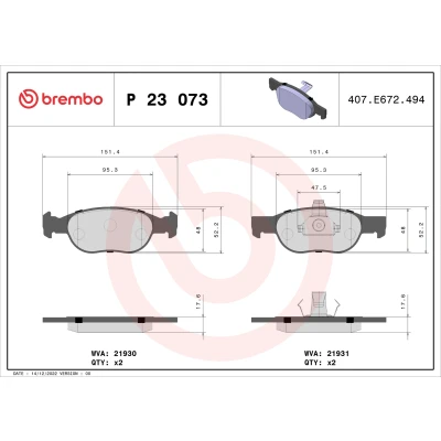Abbildung von BREMBO P 23 073 Bremsbelagsatz exkl. Verschleißwarnkontakt mit Kolbenclip ohne Zubehör FIAT: Punto II Schrägheck