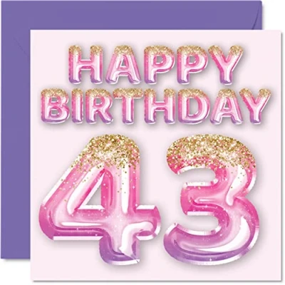 Abbildung von Geburtstagskarte zum 43. Geburtstag für Frauen rosa und lila Glitzerballons Happy Karten 43 Jahre alte Frau Mama Cousin Freund Schwester Tante 145 mm vierzig 3 dritte Grußkarten Geschenk