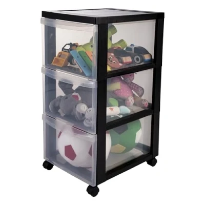 Abbildung von Iris Ohyama Kunststoff Schubladenbox mit Rollen, 3 tiefen Schubladen, Schwarz, Griffe zum Ziehen, Für Schlafzimmer, Bad, Schule &amp; Büro, BPA frei, Schubladenschrank, Rollcontainer, A4 Drawer, DC 303