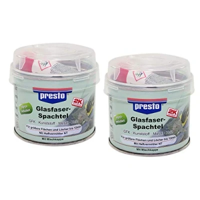 Abbildung von Presto 2K Glasfaserspachtel 2 Stück á 250 g grau grün Holz Beton Styrol Reduzier