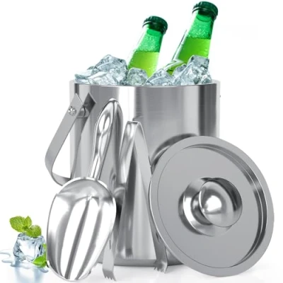 Abbildung von Eiswürfelbehälter mit Deckel, Schaufel, und Zange 100% bpa frei aus Edelstahl Eiswürfelkühler, doppelwandig, 2 Liter Eiseimer für Eiswürfel, Eiskübel die Eiswürfel Aufbewahrung, Bier, Champagner