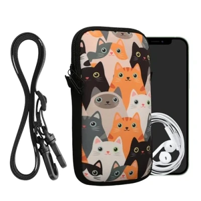 Abbildung von kwmobile Handytasche für Smartphones L 6,5&quot; Neopren Handy Hülle Orange Schwarz Weiß Tasche mit Kette 16,5 x 8,9 cm Innenmaße Katzen