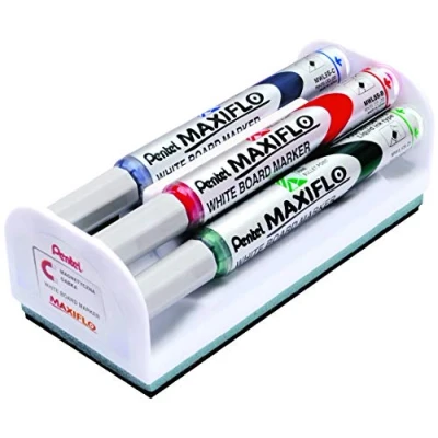 Abbildung von Pentel Maxiflo Boardmarker Set mit Schwamm (Rundspitze fein), schwarz, rot, blau, grün