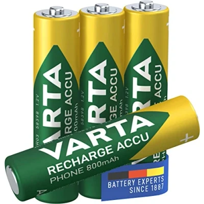 Abbildung von VARTA Batterien AAA, wiederaufladbar, 4 Stück, Recharge Accu Phone, Akku, 800 mAh Ni MH, sofort einsatzbereit, geeignet für schnurlose Telefone