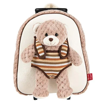 Abbildung von PERLETTI Plüschtier Teddybär Kindergepäck Rucksack für Kinder Kinderrucksack Abnehmbaren Rädern und Kuscheltier Bär Plüschbär Kindergarten Rollrucksack Kleinkinder 3 4 5 Jahren 28x32x11 cm (Bär)