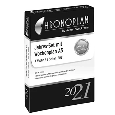 Abbildung von Chronoplan 50291 Kalendereinlage 2021, Jahres Set A5 mit Wochenplan (148x210mm), Ersatzkalendarium, ideal für professionelle Wochenplanung, Uhrzeit, Multilochung (1 Woche auf 2 Seiten), weiß