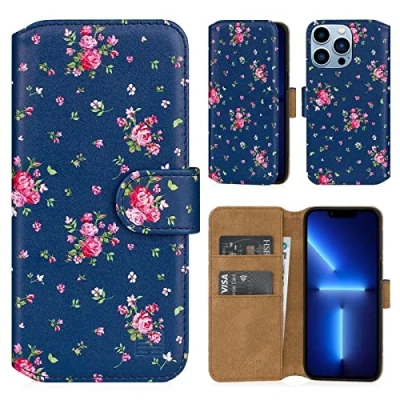Abbildung von 32nd Blumen Series 2.0 PU Leder Mappen Hülle Case Cover für Apple iPhone 13 Pro (6.1&quot;), Blumendesign hüllen Entwurf gemacht Mit Kartensteckplatz und Magnetverschluss Weinlese Rosen Indigo