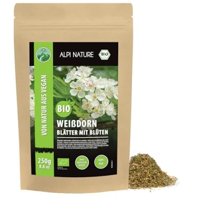 Abbildung von Bio Weissdorn Tee (250g), Blätter mit Blüten, aus Wildsammlung, geschnitten, Weissdorntee 100% schonend getrocknet, Heckendorn natürlich