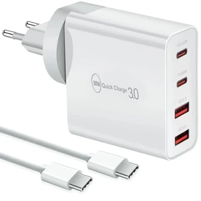 Abbildung von 100W USB C Ladegerät und Kabel (1m), Schnellladegerät 4 Ports Quick Charger PD 3.0 Mehrfach kompatibel mit iPhone 15, Mac Pro/Air, İpad Pro, Samsung, Huawei, Xiaomi, Type Netzeil