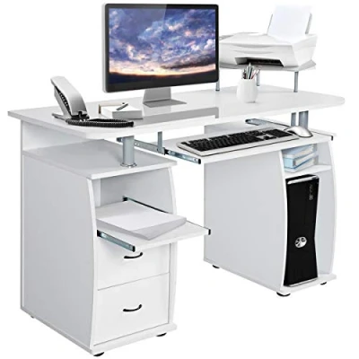 Abbildung von COSTWAY Computertisch mit Schubladen, Tastaturauszug, Druckerablage und CPU Ständer, Schreibtisch Stauraum, Bürotisch, Arbeitstisch, PC Tisch für Büro, Zuhause, 120 x 55 76 cm (Weiß)