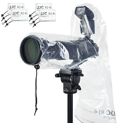 Abbildung von JJC Kamera Regenschutz für Canon, Nikon, Sony, Kameras mit Objektiv und Blitz bis zu 35 x 17,5 cm (L B), transparente Regenmantel, Regenhülle, 4 Stück