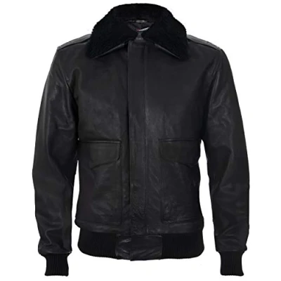 Abbildung von Infinity Leather Herren A2 Schwarz Schaf Nappa Leder Bomberjacke mit Abnehmbarer Schaffellkragen 3XL