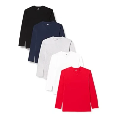 Abbildung von Lower East Herren Langarmshirt, 100% Baumwolle, V Ausschnitt (5er Pack), Weiß/Hellgrau Melange/Rot/Dunkelblau/Schwarz, M