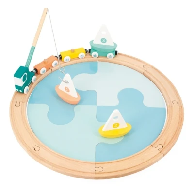 Abbildung von Janod Bolid Segelboot Rundstrecke aus FSC Holz und Pappe Baby Kleinkindspielzeug 1 Fahrbahn + 4 teiliges Puzzle 8 Zubehörteile Ab 2 Jahren, J04629