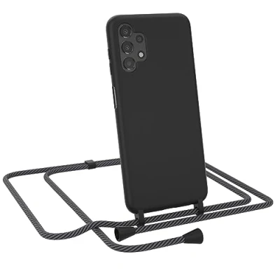 Abbildung von EAZY CASE Premium Silikon Handykette kompatibel mit Samsung Galaxy A13 (4G) Handyhülle Kette und Kameraschutz weich TPU Hülle in Schwarz Kordel Anthrazit Clips Black