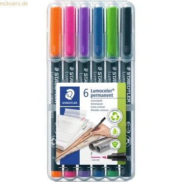 Abbildung von STAEDTLER permanenter Universalstift Lumocolor, wisch und wasserfest, sekundenschnell trocken, F Spitze Linienbreite 0,6 mm, 6 Marker in brillanten Farben, 318 WP6 1