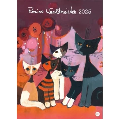 Abbildung von Rosina Wachtmeister Edition Kalender 2025: Die charakteristischen Katzen in einem hochwertigen Kunstkalender, Szene gesetzt mit Gold und Silberprägung. Wandkalender XL.