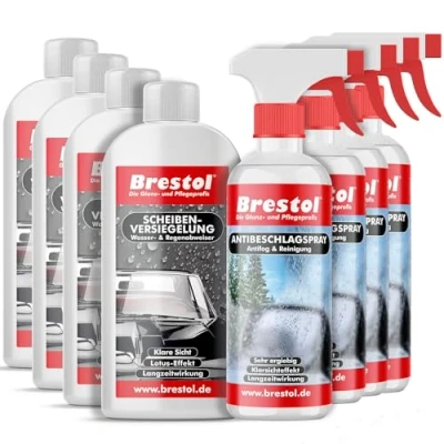 Abbildung von Brestol ® Antibeschlagspray + Scheibenversiegelung Set3 (4X 250 ml 4X 300 ml) Wasserabweiser Regenabweiser Antifog Antibeschlag Abperleffekt Abperl Effekt Nano Klarsichtspray Antibeschlagmittel