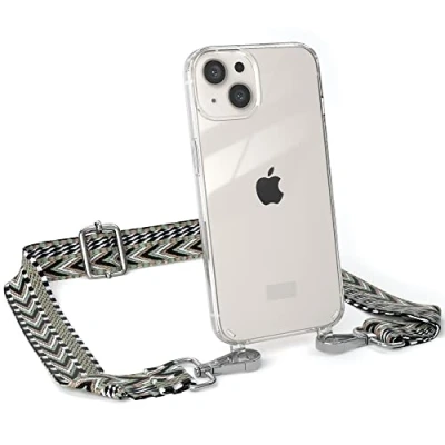 Abbildung von EAZY CASE Handykette Verstellbarer Trageriemen kompatibel mit iPhone 13, Handykordel Schutzhülle durchsichtig, Riemen für Handyketten, Grün/Schwarz Metall Silber
