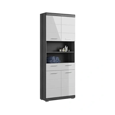 Abbildung von xonox.home Badezimmer Scout X06B2713 Hochschrank breit Schrank Badezimmerschrank in Front weiß Hochglanz Korpus rauchsilber Nb.ca.74x191x31 cm