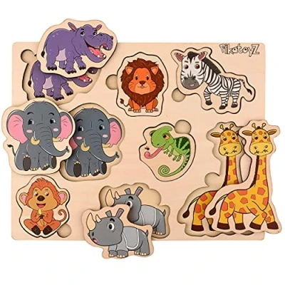 Abbildung von Pikatoyz Steckspiel ab 1 Jahr, 2 3 Jahre. Ideales Holzpuzzle für Kindergeschenke. Holzspielzeug bestehend aus Puzzles mit Dschungeltieren. Montessori Spielzeug. Steckpuzzle Jungen und Mädchen.