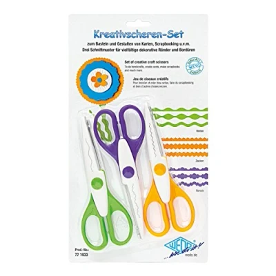 Abbildung von Wedo 771933 Kreativscheren Set, Wellenschnitt, Zackenschnitt, Büttenschnitt große Grifflöcher, Inhalt: 3 Stück, 3er 16 cm) farbig sortiert