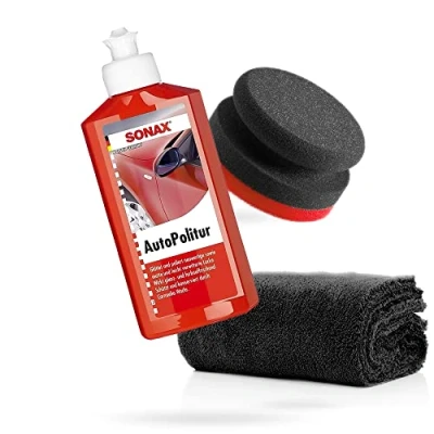 Abbildung von detailmate SONAX Handpolier Set Autopolitur für Bunt und Metalliclacke 250ml + Handpolierschwamm Puck im Verbundaufbau hart Ø90/50mm Edgeless Superflausch Mikrofaser Poliertuch