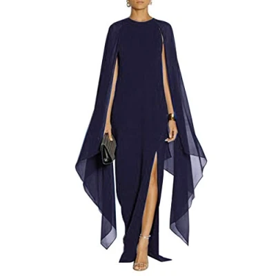 Abbildung von MAYFASEY Damen Elegant High Split Flare Sleeve Formal Evening Gowns Maxi Dress with Cape, Navy, L