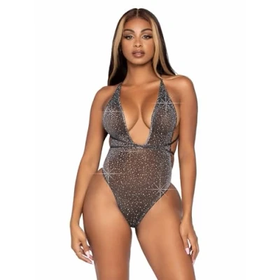 Abbildung von LEG AVENUE Damen Shimmer Sheer Lurex Rhinestone Teddy Dessous Set, Black, Silver, Einheitsgröße EU