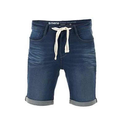 Abbildung von riverso Jeans Shorts Herren Stretch Kurz Kordelzug Regular Fit RIVPaul Kurze Hosen Bermuda Sommer Denim Einfarbig, Größe:W 42, Farbe:Dark Blue (D147)