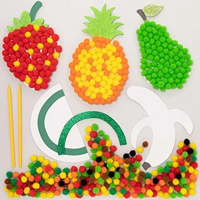 Abbildung von Baker Ross FE478 Früchte Pom Bastelset 5er Pack, Selbstklebende Karte mit farbigen PomPoms zum Basteln für Kinder
