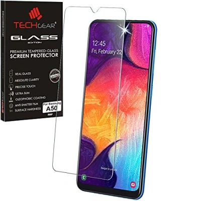 Abbildung von TECHGEAR Glass Edition Kompatibel mit Samsung Galaxy A50, glas Displayschutzfolie Cover [2.5D Round Edge] [9H Härte] [Kristallklarheit] [Kratzfest] [Keine Blasen]