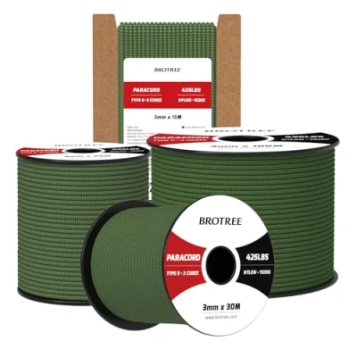 Abbildung von Brotree Paracord 3mm 50M 100% Nylon Seil Schnur Typ II 425 mit 3 Kern für Survival, Outdoor, Armband, Basteln Bruchlast 192kg (Waldgrün)