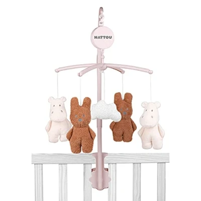 Abbildung von Nattou Mobile mit Spieluhr aus Baumwolle und Polyester (Frottee), Hase Nilpferd, Sanftes Wiegelied &quot;La Le Lu&quot;, Ca. 31 x cm, Susie Bonnie, Rosa/Braun