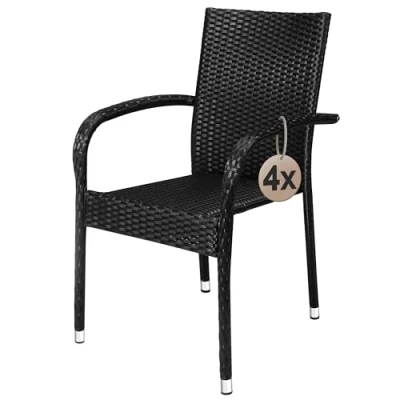 Abbildung von Casaria® Gartenstühle 4er Set Stapelbar Wetterfest Polyrattan Outdoor 160kg Garten Terrasse Balkon Stuhl mit Armlehne Gartensessel Stapelstühle Schwarz